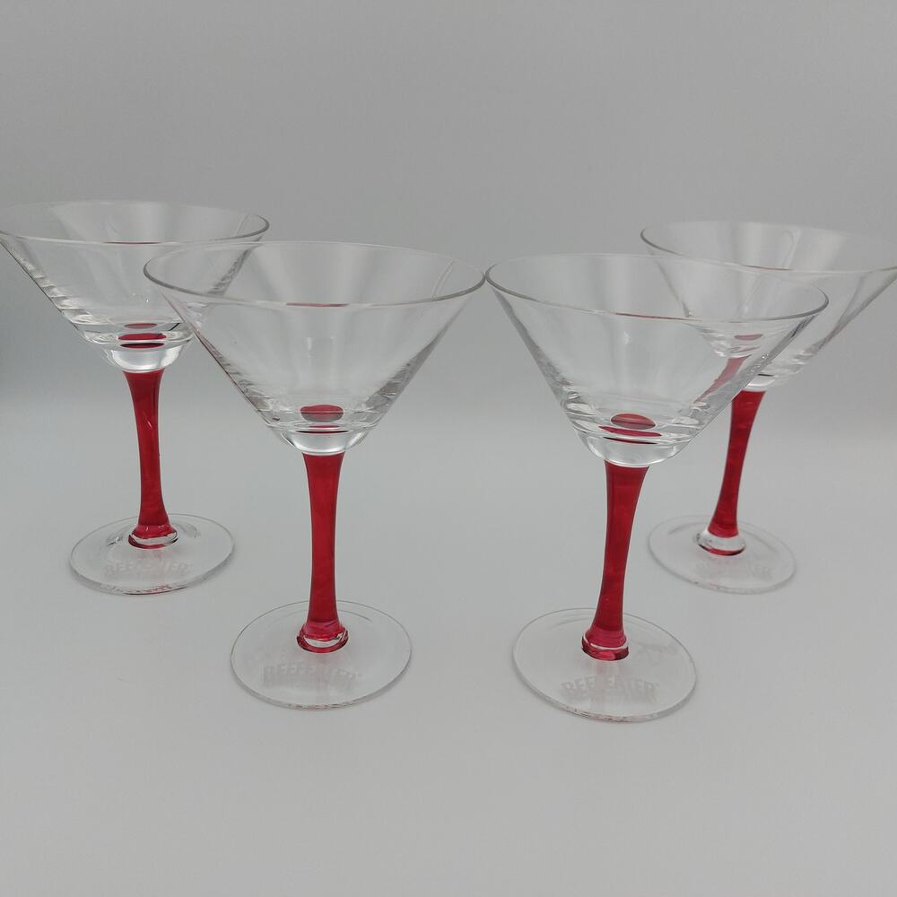 Vintage Beefeater Gin Red Stem Martini Glasses Set of 4 Cocktail Barware Glass